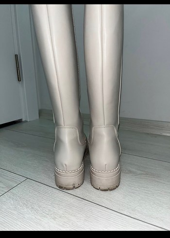 Bej Deri Kadın Diz Boyu Topuklu Bot - Görsel 2