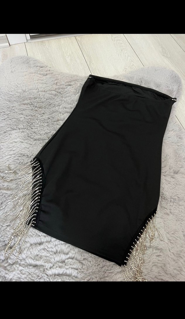 Kürk Detaylı Siyah Straplez Kadın Midi Elbise - Görsel 2