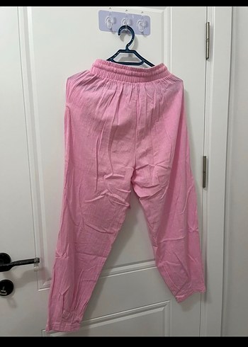 Pembe Keten Rahat Kesim Kadın Pantolon - Görsel 2