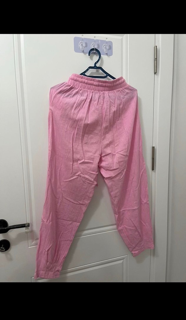 Pembe Keten Rahat Kesim Kadın Pantolon - Görsel 2