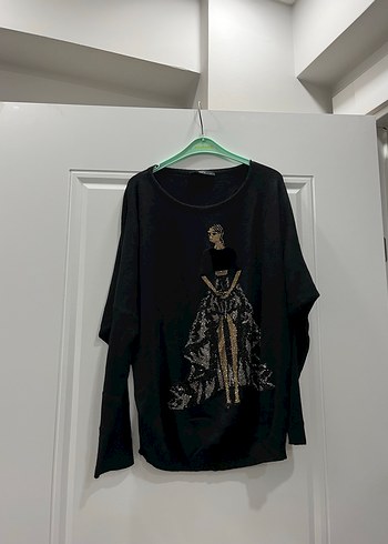 Kadın Siyah Uzun Kollu Baskılı Salaş Tişört - Görsel 2