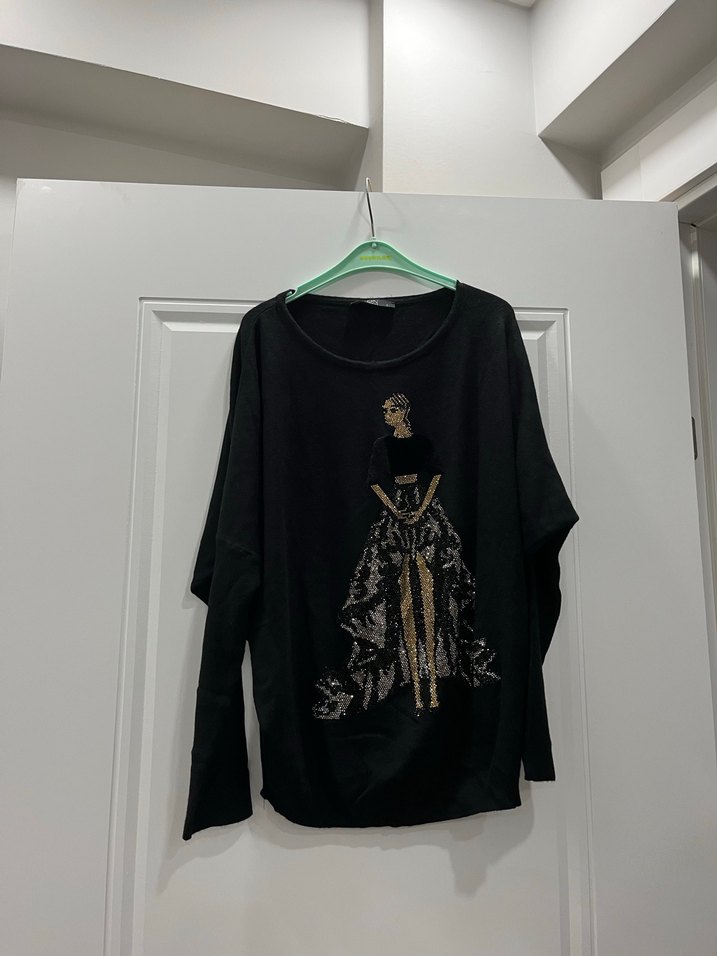 Kadın Siyah Uzun Kollu Baskılı Salaş Tişört - Görsel 2