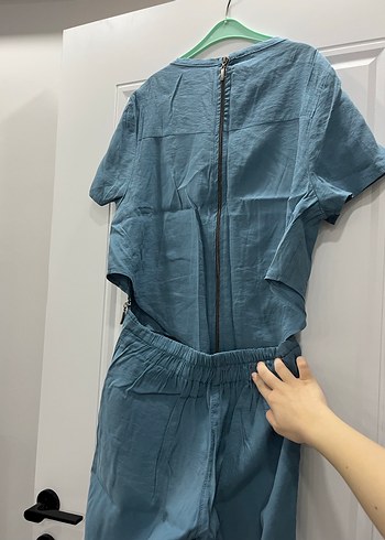 Kadın Mavi Kemerli Keten Tulum - Görsel 3