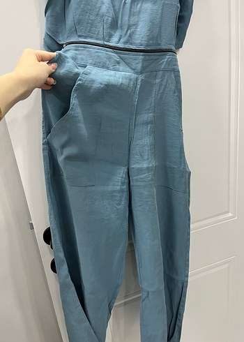 Kadın Mavi Kemerli Keten Tulum - Görsel 2