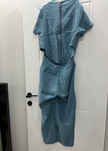 Kadın Mavi Kemerli Keten Tulum - Görsel 4