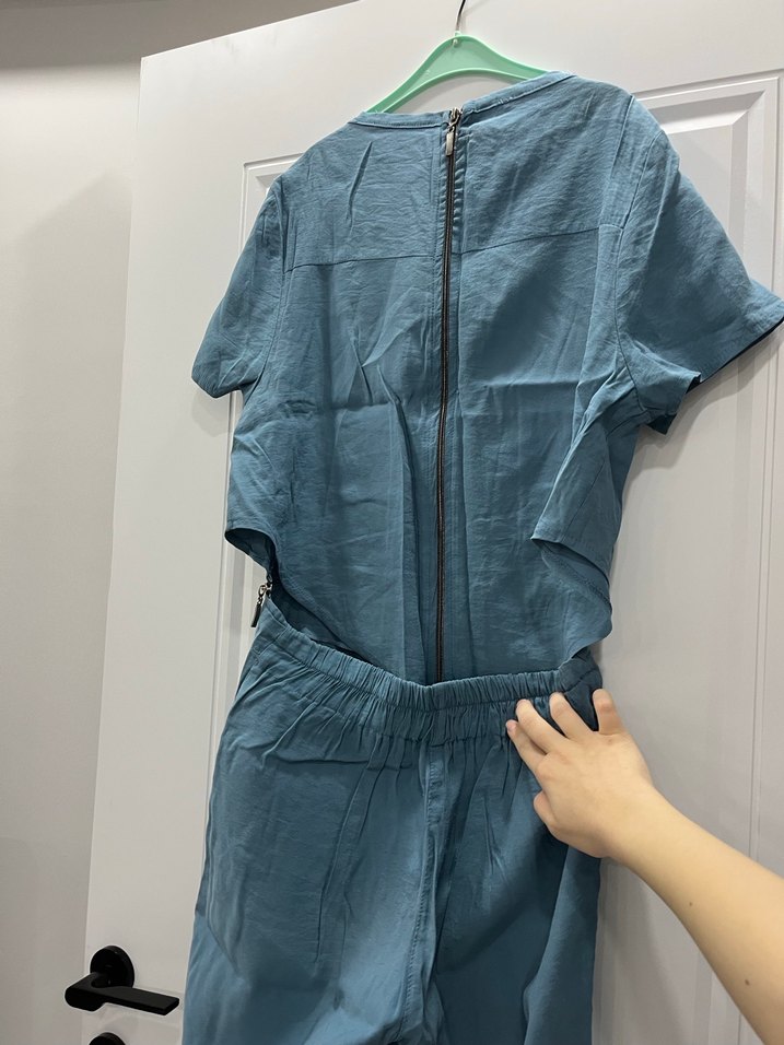 Kadın Mavi Kemerli Keten Tulum - Görsel 3