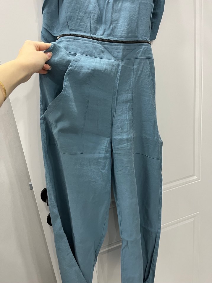 Kadın Mavi Kemerli Keten Tulum - Görsel 2