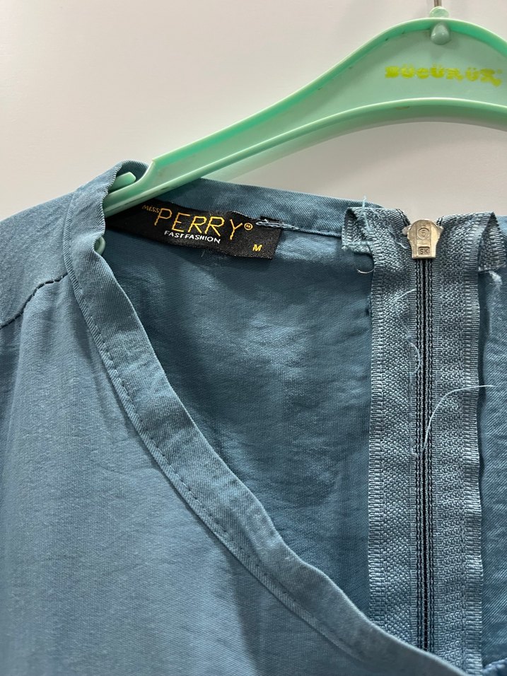 Kadın Mavi Kemerli Keten Tulum - Görsel 5