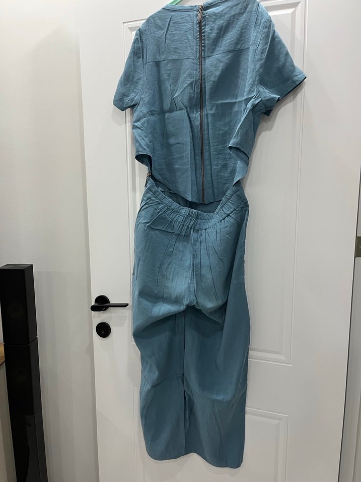 Kadın Mavi Kemerli Keten Tulum - Görsel 4