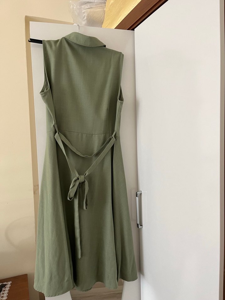 Düğmeli Kolsuz Uzun Keten Elbise - Görsel 3