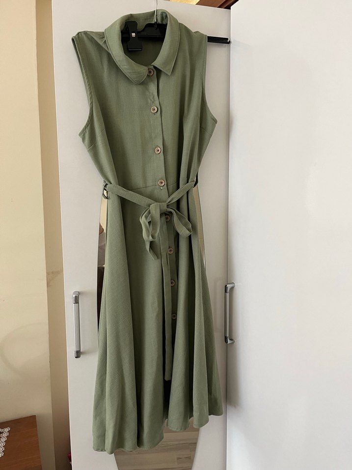 Düğmeli Kolsuz Uzun Keten Elbise - Görsel 2