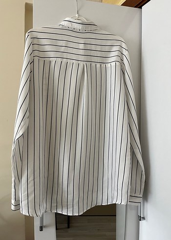 Düğmeli Beyaz lacivert Çizgili Keten Gömlek - Görsel 3