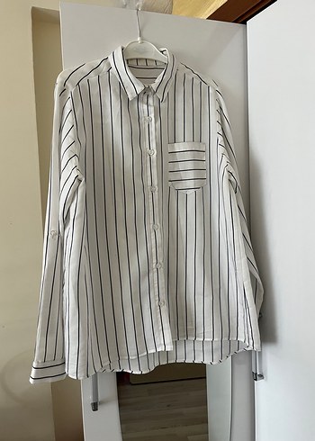 Düğmeli Beyaz lacivert Çizgili Keten Gömlek - Görsel 2
