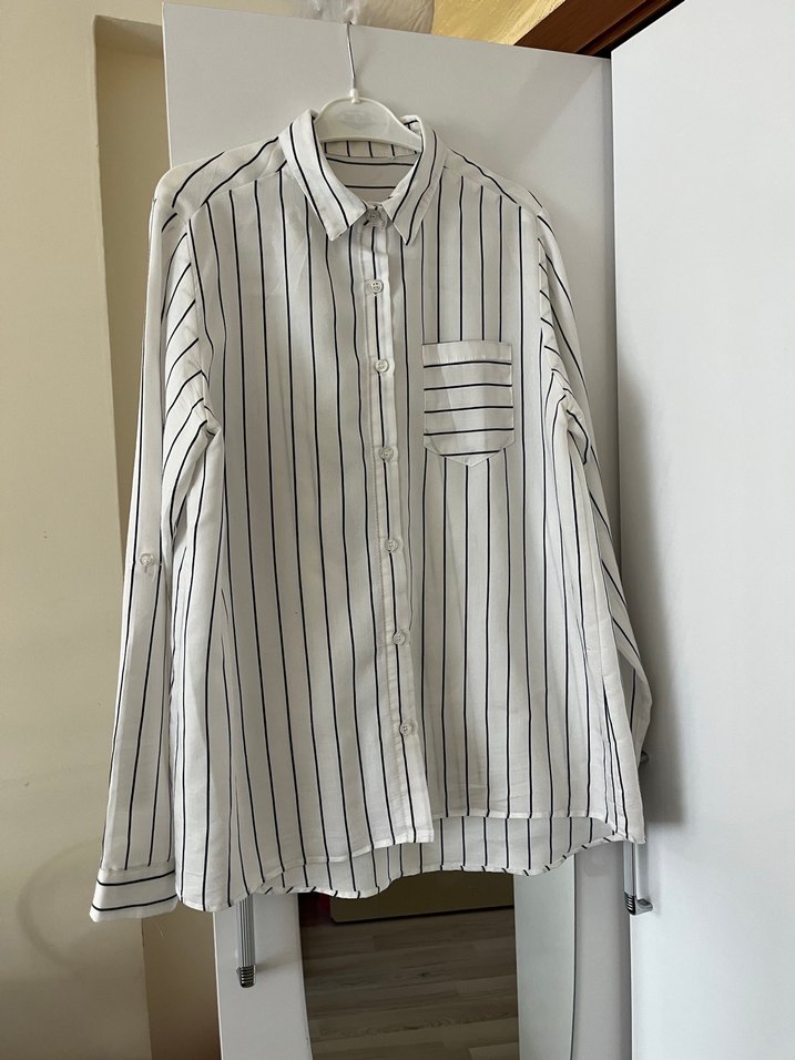 Düğmeli Beyaz lacivert Çizgili Keten Gömlek - Görsel 2