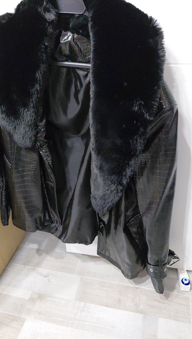 Kürklü Siyah Deri Kadın Ceket - Görsel 2