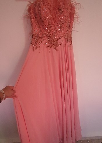 Pembe İşlemeli Askılı Uzun Abiye Elbise - Görsel 2