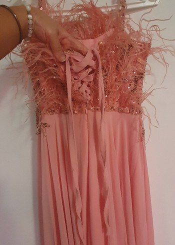 Pembe İşlemeli Askılı Uzun Abiye Elbise - Görsel 3