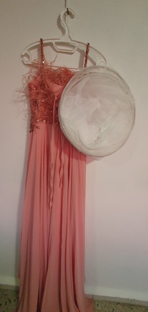 Pembe İşlemeli Askılı Uzun Abiye Elbise - Görsel 5