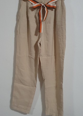 Bej Kemerli Kadın Tencel Kumaş Pantolon - Görsel 2