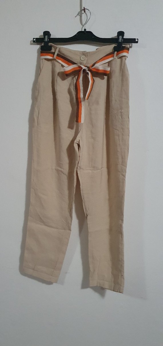 Bej Kemerli Kadın Tencel Kumaş Pantolon - Görsel 2