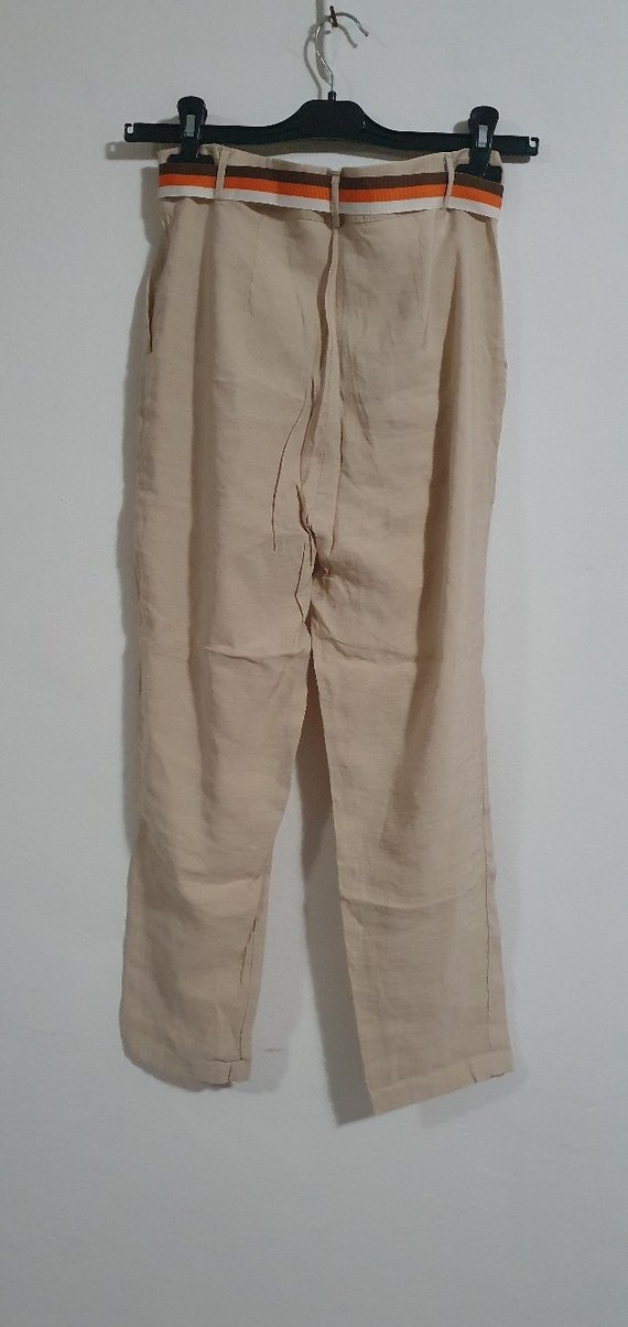 Bej Kemerli Kadın Tencel Kumaş Pantolon - Görsel 3