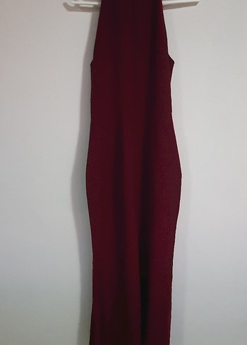 Bordo Parlak Yüksek Yakalı uzun Elbise - Görsel 3