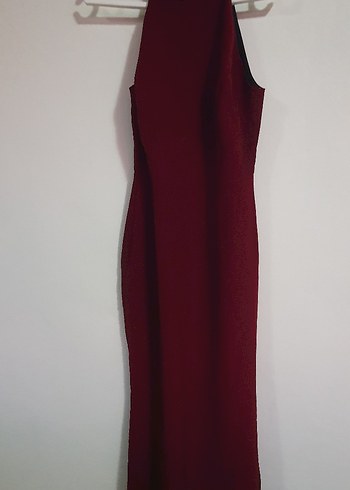 Bordo Parlak Yüksek Yakalı uzun Elbise - Görsel 2