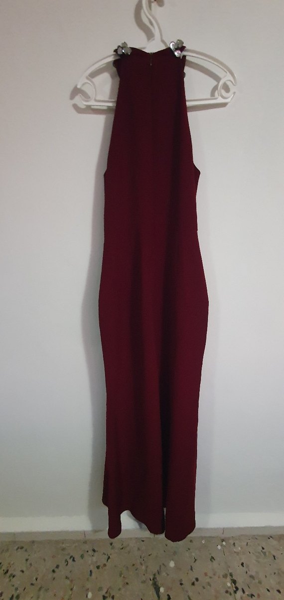 Bordo Parlak Yüksek Yakalı uzun Elbise - Görsel 3