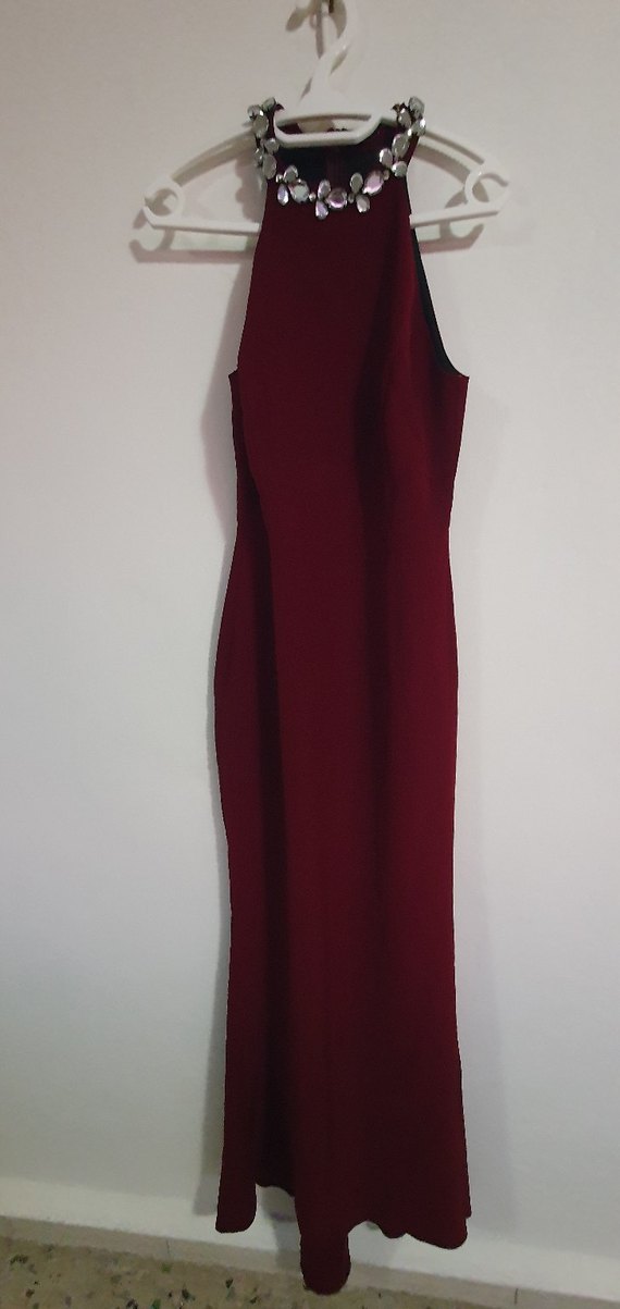 Bordo Parlak Yüksek Yakalı uzun Elbise - Görsel 2