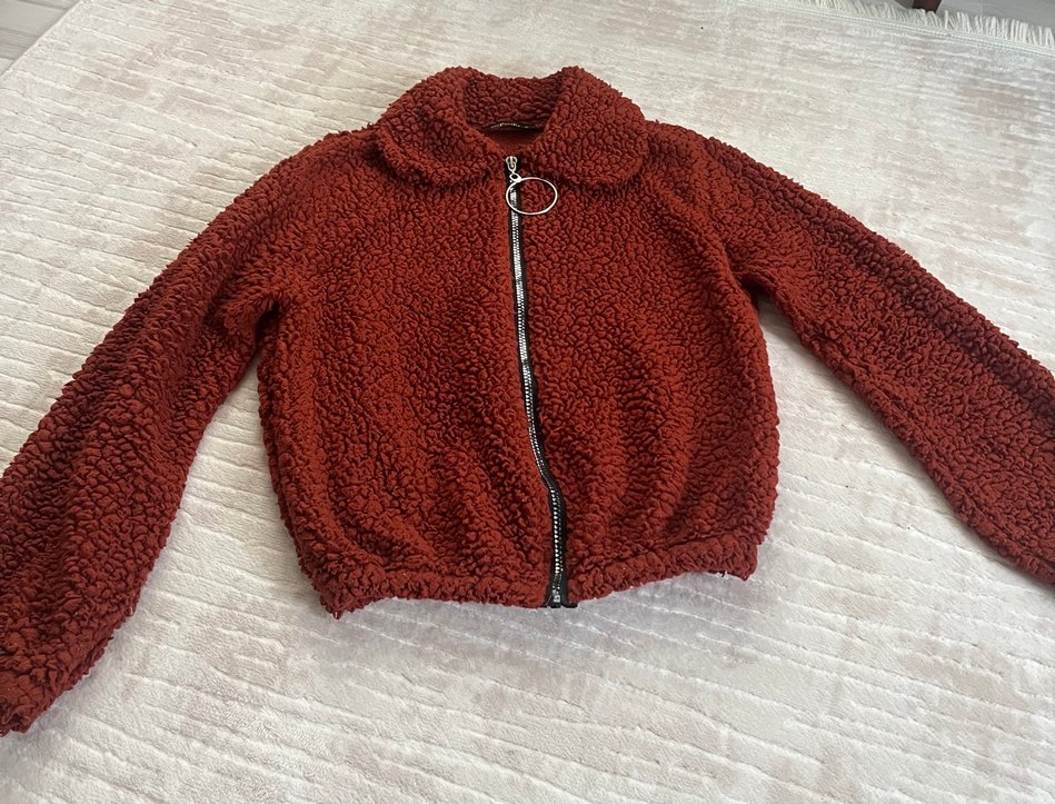 Tarçın rengi peluş Kısa Kadın hırka - Görsel 2