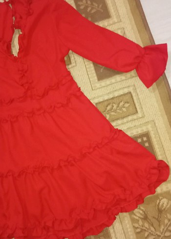 Kırmızı Volanlı Mini Bohem Sırtı açıq Elbise - Görsel 2