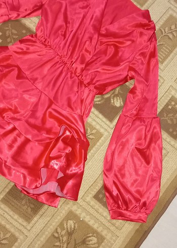 uzuk kol Atlas kırmızı kadın Elbisesi - Görsel 2