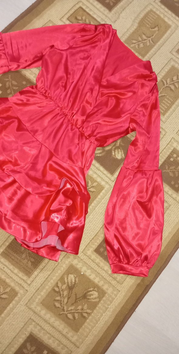 uzuk kol Atlas kırmızı kadın Elbisesi - Görsel 2