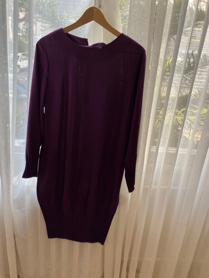 Mor Pilili krep elbise - Görsel 4