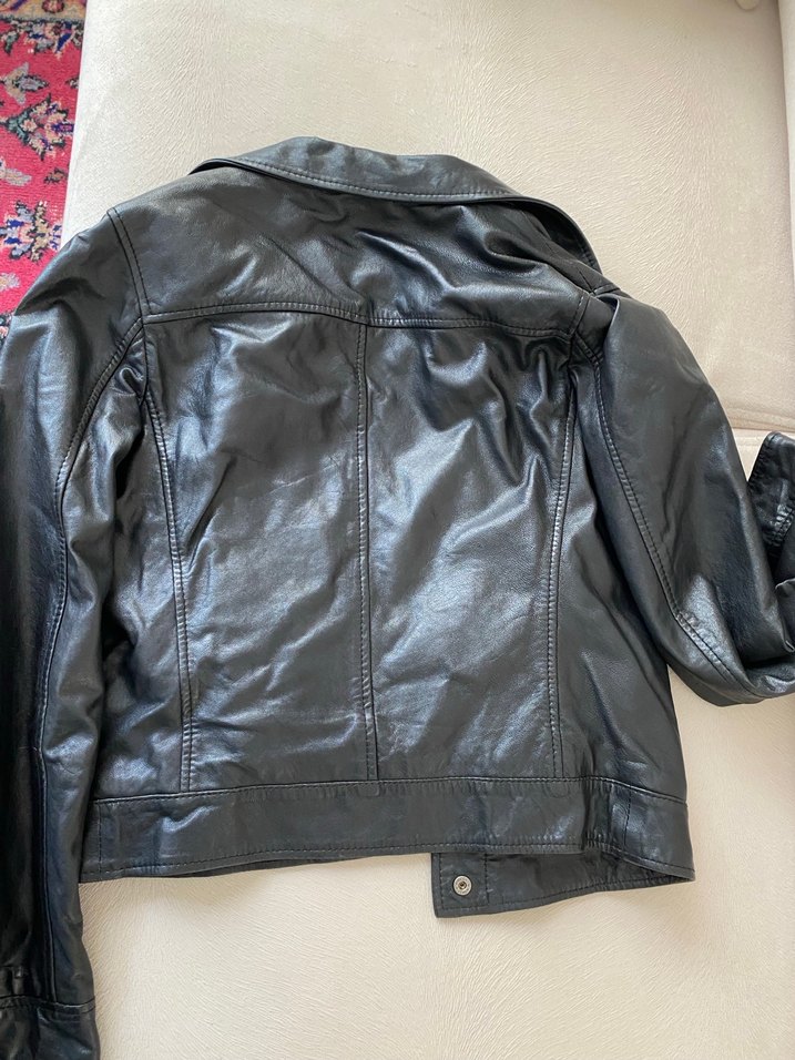 Düğmeli Lacivert Baskılı Deri Biker Ceket - Görsel 2