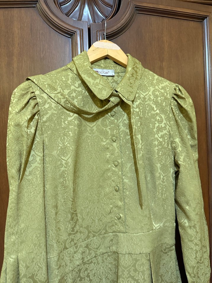 Kadın Yeşil Vintage Desenli Uzun Kollu Elbise - Görsel 2