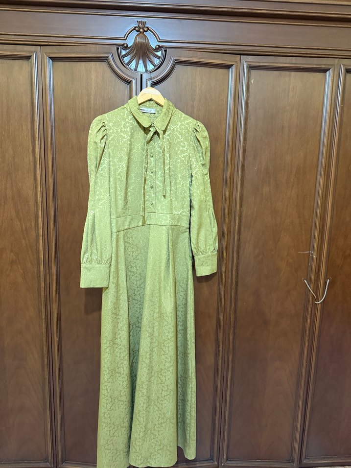 Kadın Yeşil Vintage Desenli Uzun Kollu Elbise - Görsel 4