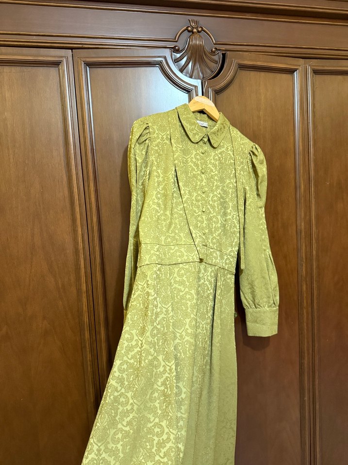 Kadın Yeşil Vintage Desenli Uzun Kollu Elbise - Görsel 5