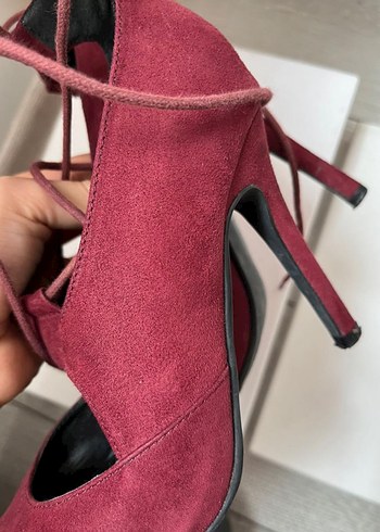Bordo Süet Bağcıklı Stiletto Kadın Ayakkabı - Görsel 2