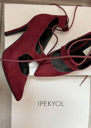 Bordo Süet Bağcıklı Stiletto Kadın Ayakkabı - Görsel 4