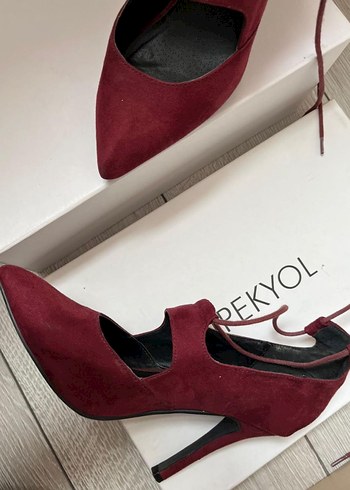 Bordo Süet Bağcıklı Stiletto Kadın Ayakkabı - Görsel 3