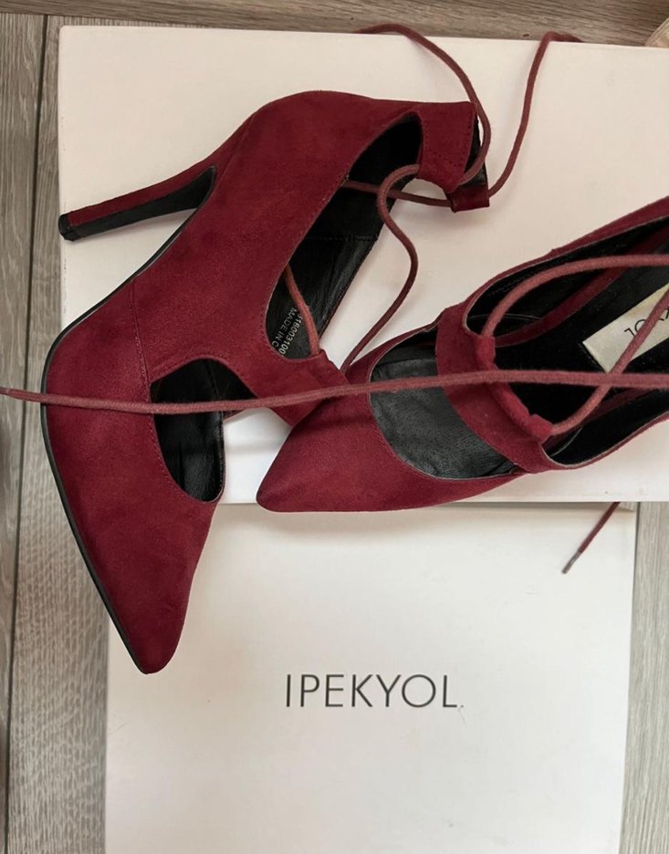 Bordo Süet Bağcıklı Stiletto Kadın Ayakkabı - Görsel 4