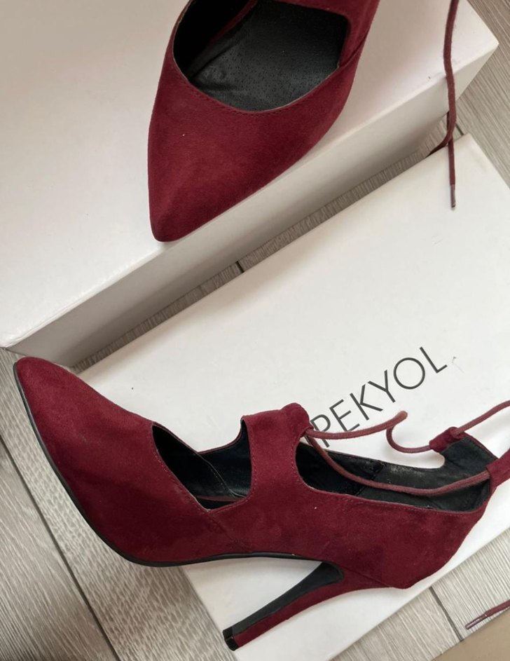 Bordo Süet Bağcıklı Stiletto Kadın Ayakkabı - Görsel 3