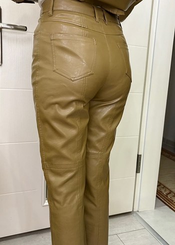 Düğmeli Kahverengi Deri Kadın Pantolon - Görsel 2