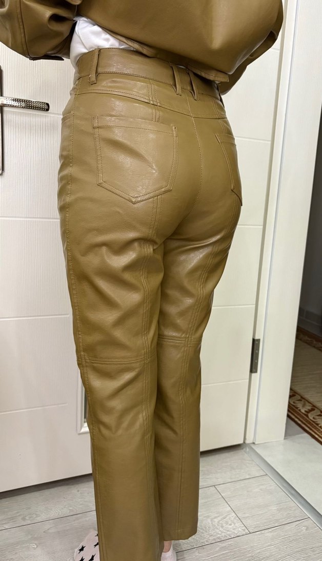 Düğmeli Kahverengi Deri Kadın Pantolon - Görsel 2