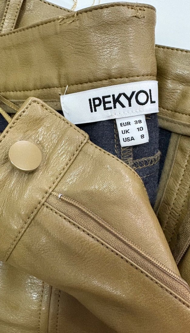 Düğmeli Kahverengi Deri Kadın Pantolon - Görsel 3