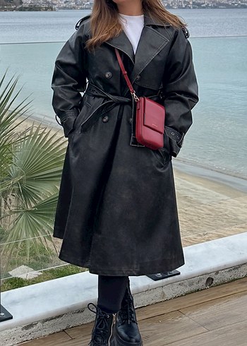 Siyah Deri Uzun Kadın Trençkot - Görsel 8