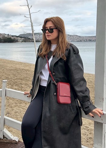 Siyah Deri Uzun Kadın Trençkot - Görsel 7