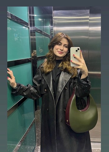 Siyah Deri Uzun Kadın Trençkot - Görsel 6