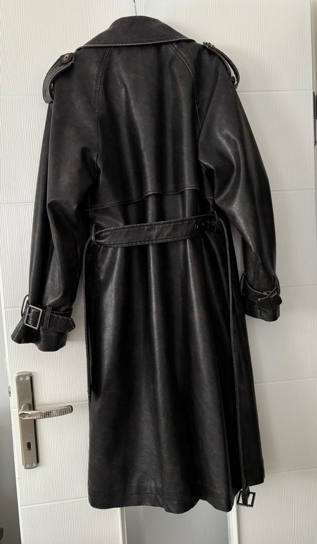 Siyah Deri Uzun Kadın Trençkot - Görsel 5